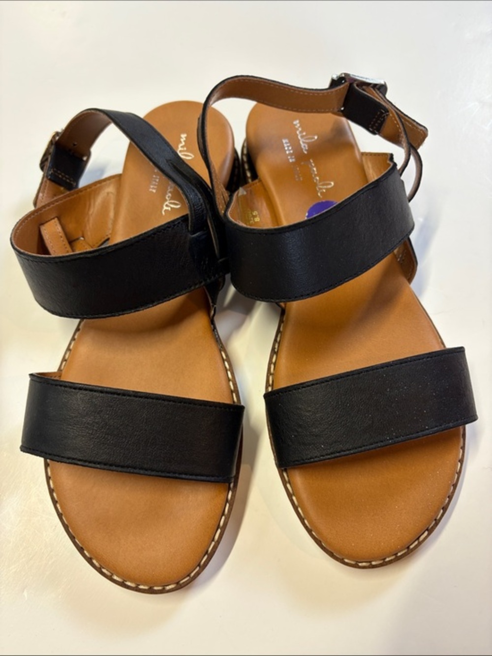 Mila Paoli Italy Black Leather Strap Flat Sandals Women Size 8.5
